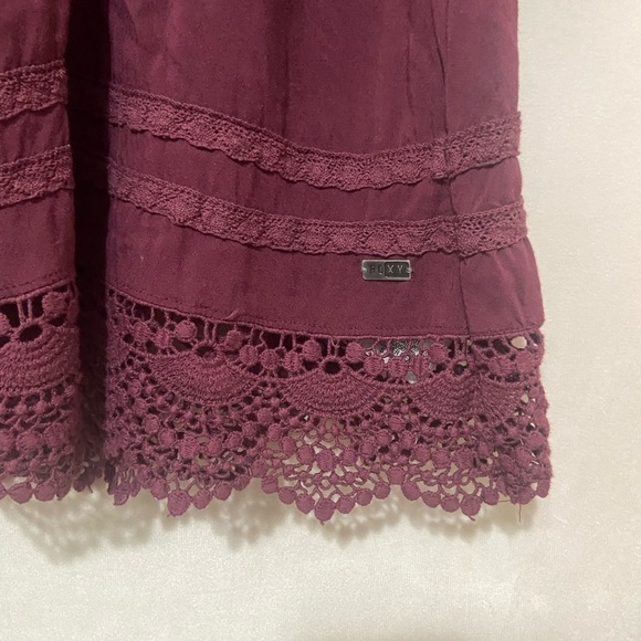 Roxy EUC burgundy long sleeve crochet trim babydoll 100% viscose mini dress S - Picture 3 of 9